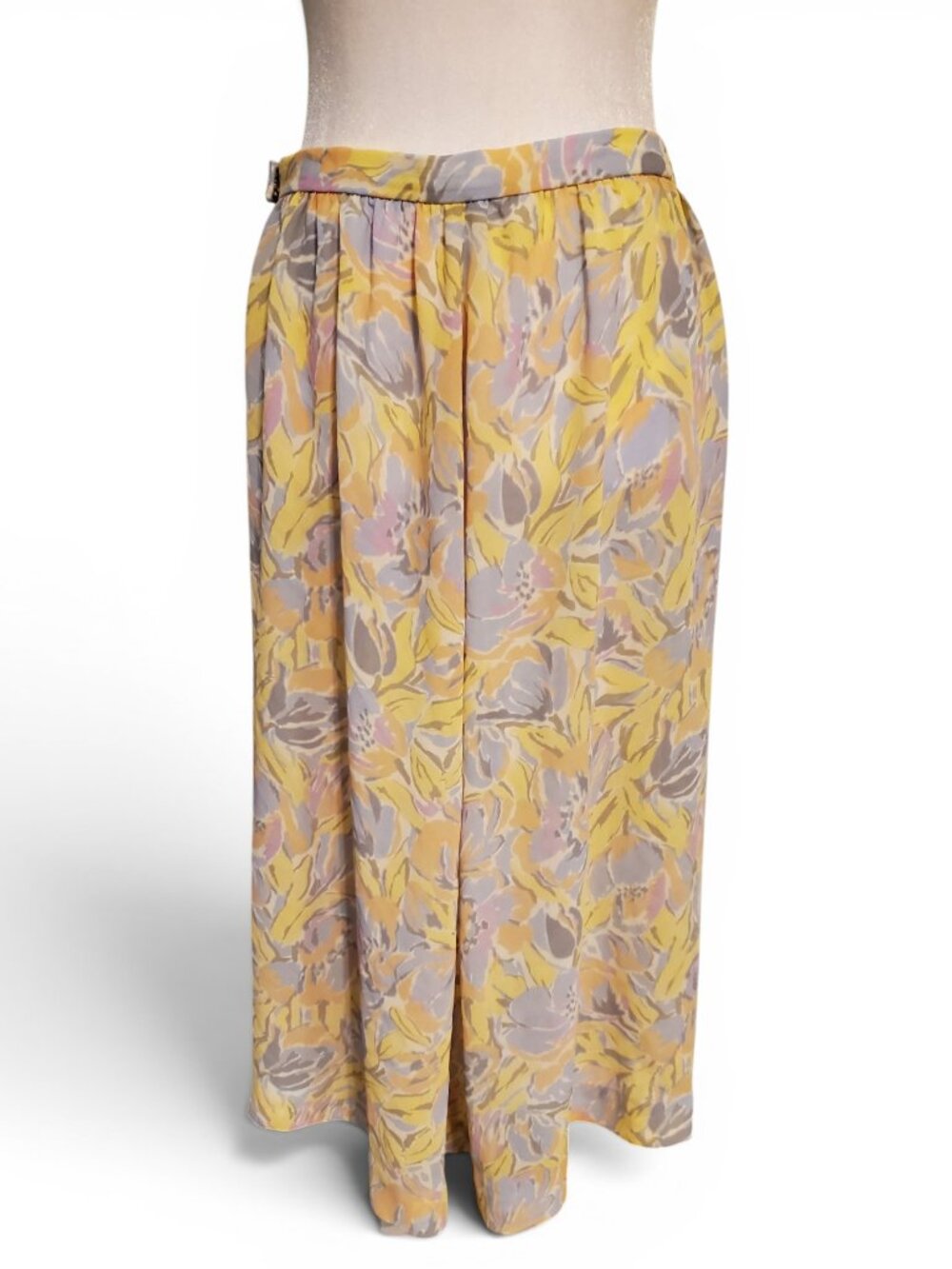 Vintage Whimsical Sheer Pastel Yellow Blue Floral Midi Skirt Women's Size 14